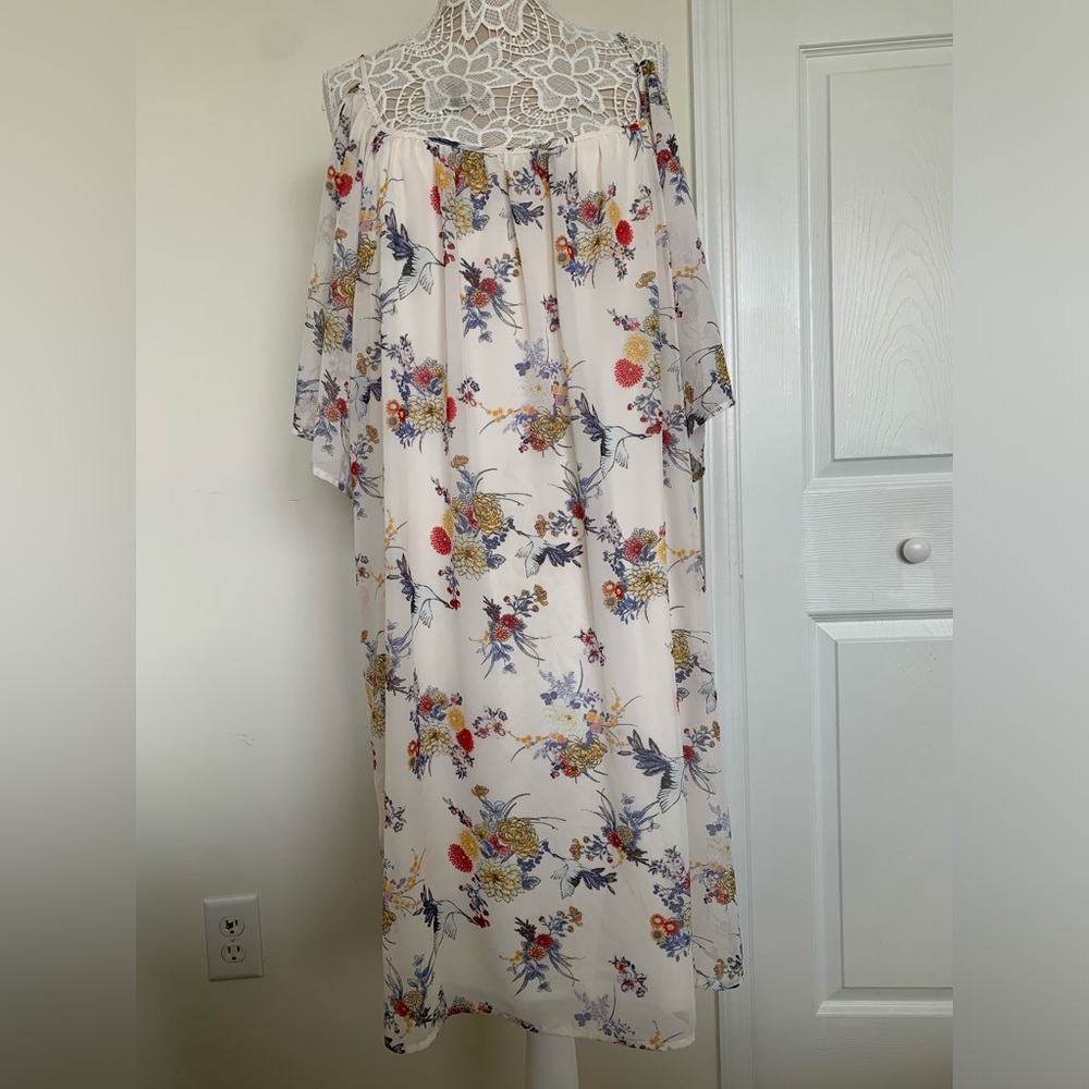 EUC Bailey Blue Sheer Spring Floral Cold Shoulder Dress & Necklace Plus Size 3X - Picture 2 of 11